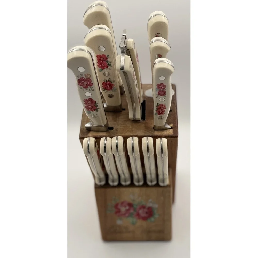 Vtg Pioneer Woman Floral 14-Piece Cutlery Kitchen Set Wood Block Retired #5617